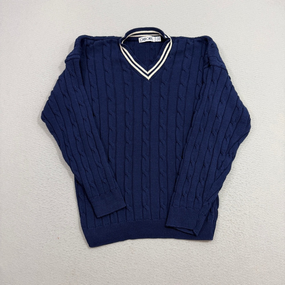 Vintage Cherokee Sweater Men's Large Blue V-Neck Cable Knit Preppy Cricket 90s